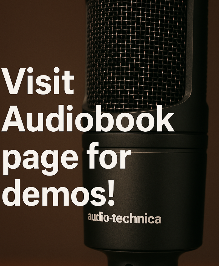 ChatGPT Image Jul 17, 2025, 04_55_44 PM Image of microphone in background with words "Visit audiobook page for demos" in foreground